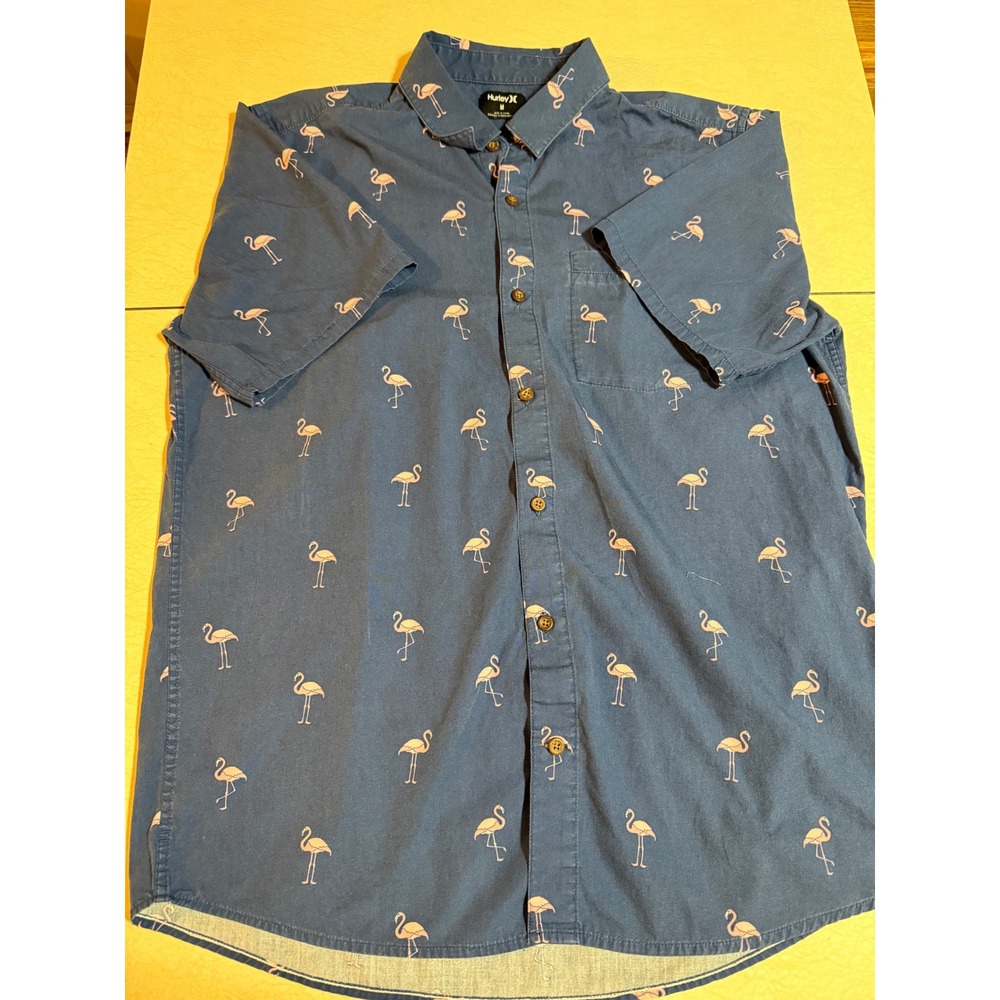 Hurley Mens Navy Blue Pink Flamingo Print Short Sleeve Button Down Shirt Medium